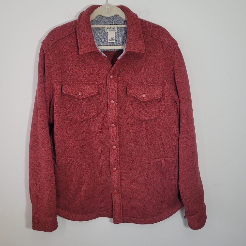 LL Bean Men's Sweater Fleece Shirt Jacket Snap Up Hickory Orange‎ Large shacket